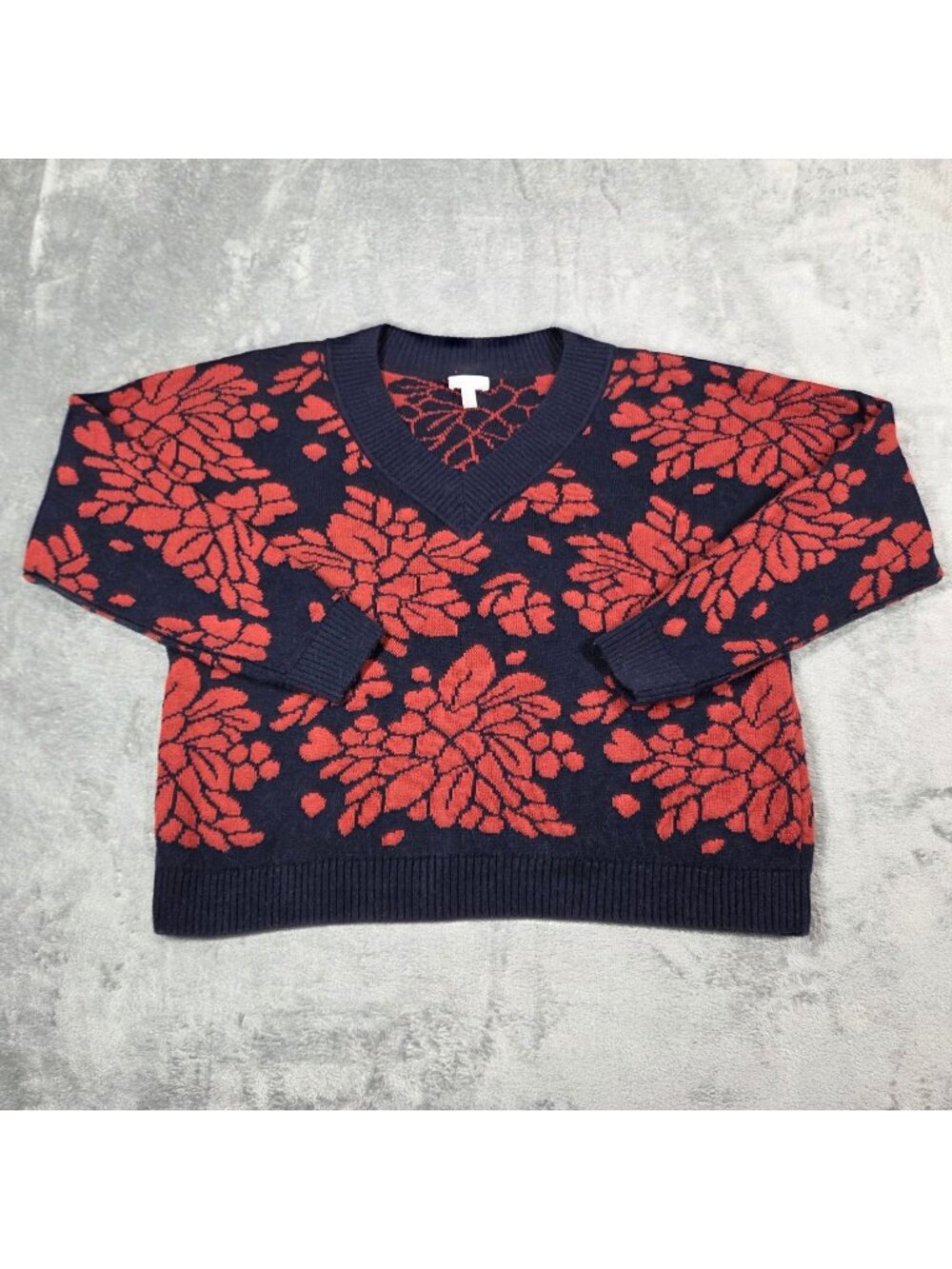 Garnet Hill Sweater Medium Navy Floral Everly Jacquard Alpaca Pima Cotton Luxury